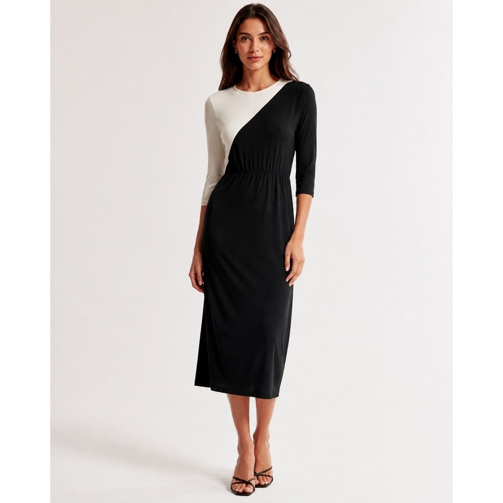 Boohoo Black White Colorblock Midi Dress Long Sleeve Crew Neck Jersey US 2 NEW